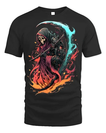 Fiery Grim Reaper T-Shirt Skull Scythe Flame Art - black t-shirt on white background