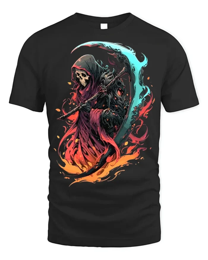 Fiery Grim Reaper T-Shirt Skull Scythe Flame Art - black t-shirt on white background