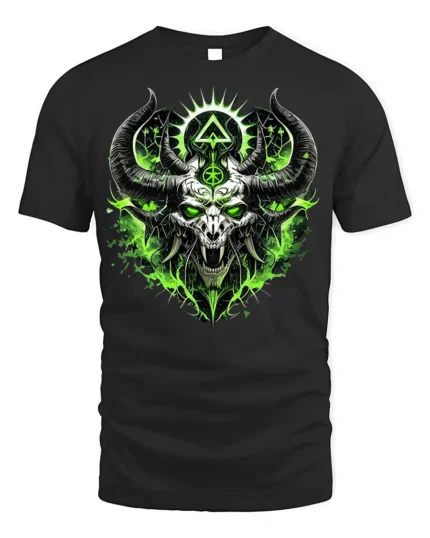 Green Demon Skull T-Shirt Horned Neon Gothic Art - black t-shirt on white background