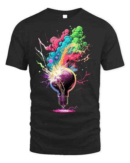 Exploding Lightbulb T-Shirt Neon Creative Burst - black t-shirt on white background