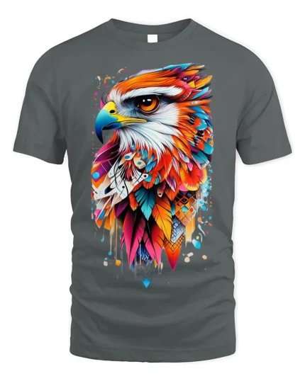 Colorful Eagle Art T-Shirt Bold Feather Graphic - gray t-shirt on white background