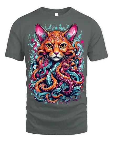 Psychedelic Cat Kraken T-Shirt Bold Octopus Tentacles - gray t-shirt on white background