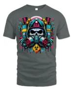 Toxic Skull Gas Mask T-Shirt Biohazard Warning Graphic - gray t-shirt on white background