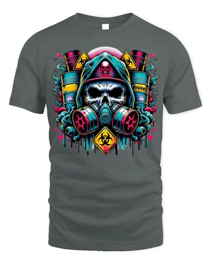 Toxic Skull Gas Mask T-Shirt Biohazard Warning Graphic - gray t-shirt on white background