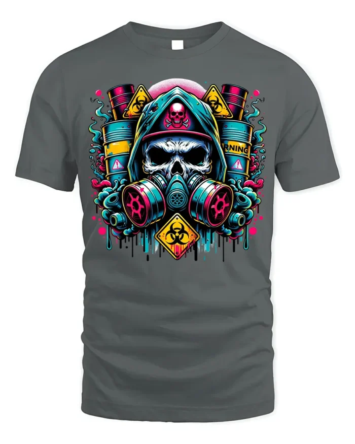 Toxic Skull Gas Mask T-Shirt Biohazard Warning Graphic - gray t-shirt on white background