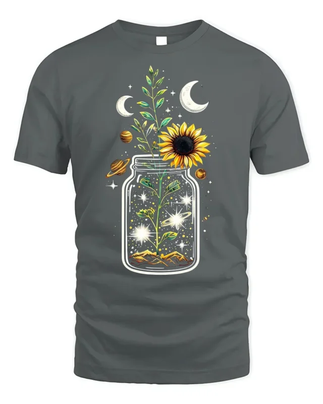 Cosmic Sunflower in Jar T-Shirt Nature Universe - gray t-shirt on white background