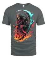 Fiery Grim Reaper T-Shirt Skull Scythe Flame Art - gray t-shirt on white background