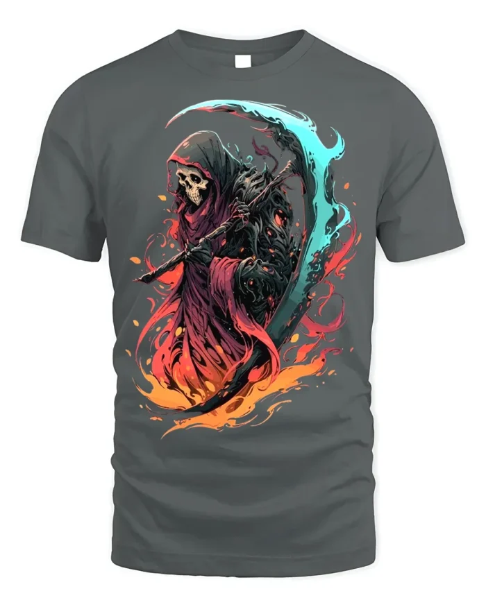 Fiery Grim Reaper T-Shirt Skull Scythe Flame Art - gray t-shirt on white background