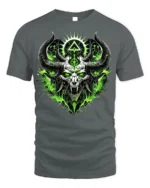 Green Demon Skull T-Shirt Horned Neon Gothic Art - gray t-shirt on white background