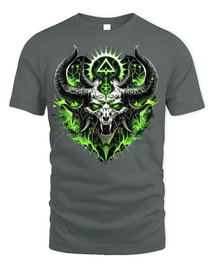 Green Demon Skull T-Shirt Horned Neon Gothic Art - gray t-shirt on white background