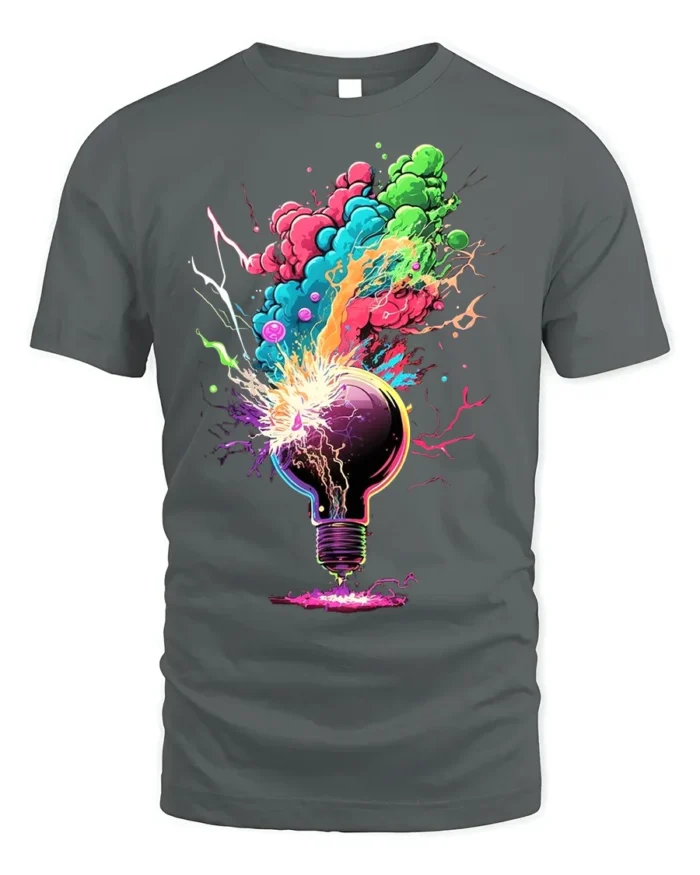 Exploding Lightbulb T-Shirt Neon Creative Burst - gray t-shirt on white background