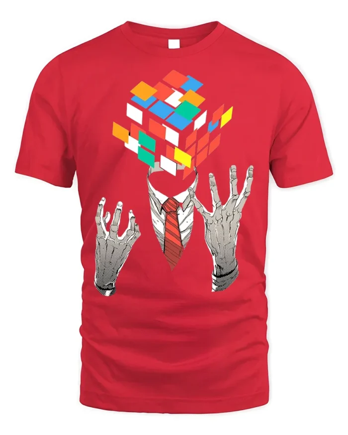 Mind Puzzle Rubik’s Cube Head T-Shirt Soft Cotton - red t-shirt on white background