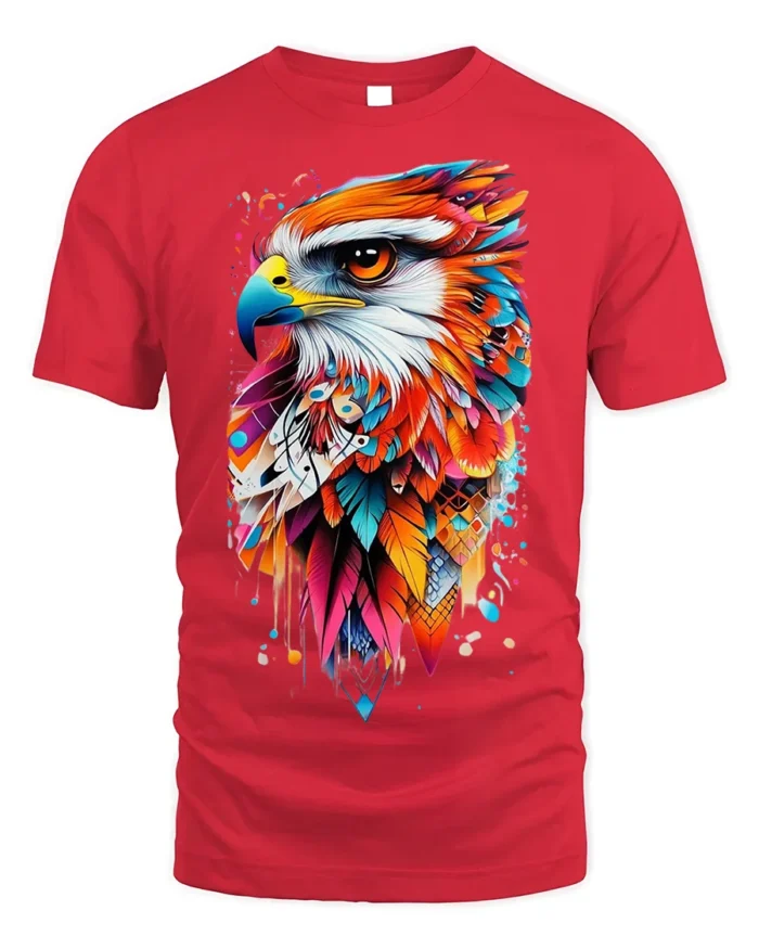 Colorful Eagle Art T-Shirt Bold Feather Graphic - red t-shirt on white background