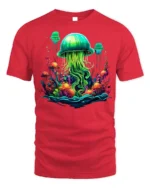 Glow in the Deep Jellyfish T-Shirt Vibrant Ocean - red t-shirt on white background