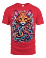 Psychedelic Cat Kraken T-Shirt Bold Octopus Tentacles - red t-shirt on white background
