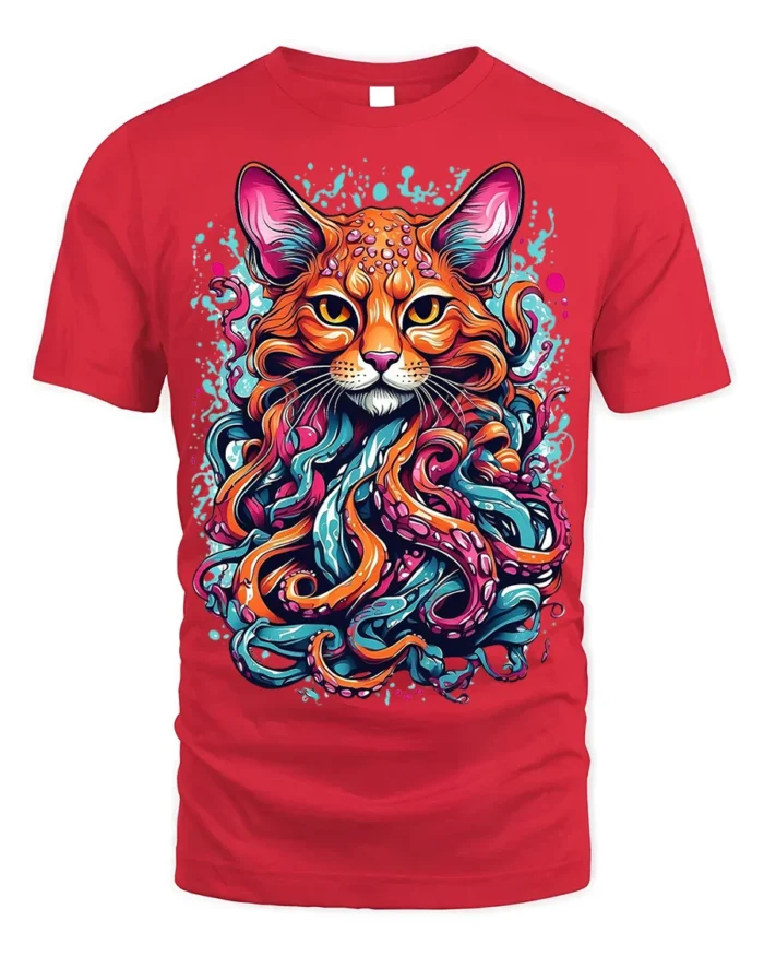 Psychedelic Cat Kraken T-Shirt Bold Octopus Tentacles - red t-shirt on white background