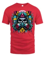Toxic Skull Gas Mask T-Shirt Biohazard Warning Graphic - red t-shirt on white background