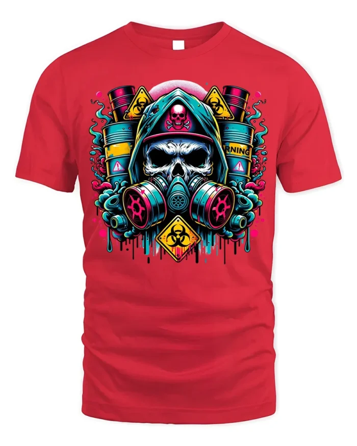 Toxic Skull Gas Mask T-Shirt Biohazard Warning Graphic - red t-shirt on white background