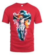 Jesus Crucifixion T-Shirt Christian Faith Graphic - red t-shirt on white background