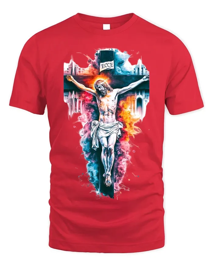 Jesus Crucifixion T-Shirt Christian Faith Graphic - red t-shirt on white background