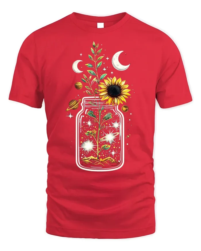 Cosmic Sunflower in Jar T-Shirt Nature Universe - red t-shirt on white background