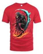 Fiery Grim Reaper T-Shirt Skull Scythe Flame Art - red t-shirt on white background