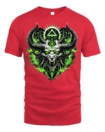 Green Demon Skull T-Shirt Horned Neon Gothic Art - red t-shirt on white background