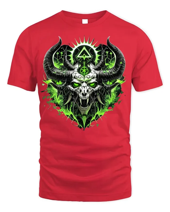 Green Demon Skull T-Shirt Horned Neon Gothic Art - red t-shirt on white background