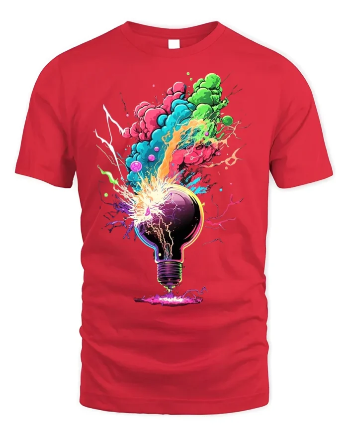 Exploding Lightbulb T-Shirt Neon Creative Burst - red t-shirt on white background