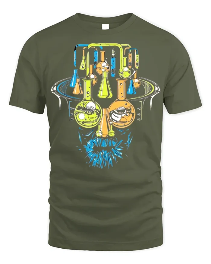 Mad Science Lab Face Graphic T-Shirt Cool Chemistry - military green t-shirt on white background