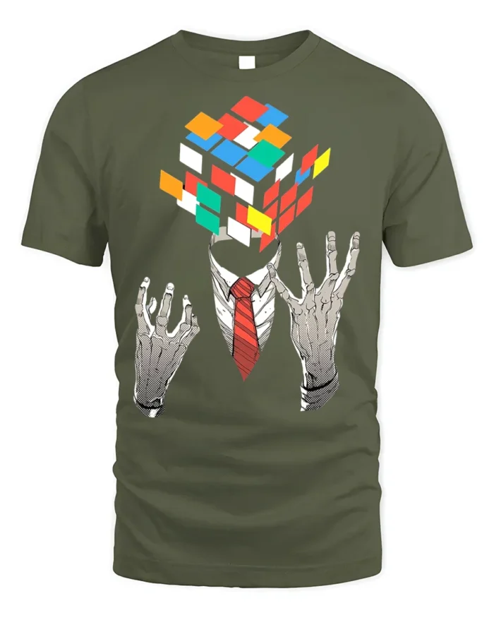 Mind Puzzle Rubik’s Cube Head T-Shirt Soft Cotton - military green t-shirt on white background