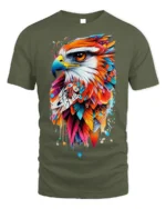 Colorful Eagle Art T-Shirt Bold Feather Graphic - military green t-shirt on white background