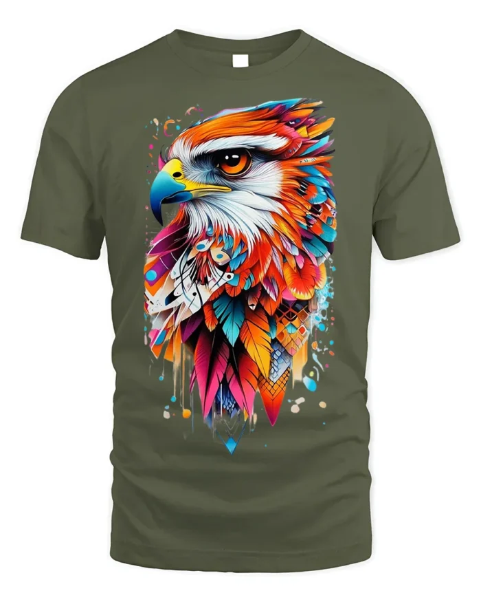 Colorful Eagle Art T-Shirt Bold Feather Graphic - military green t-shirt on white background