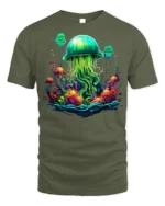 Glow in the Deep Jellyfish T-Shirt Vibrant Ocean - military green t-shirt on white background