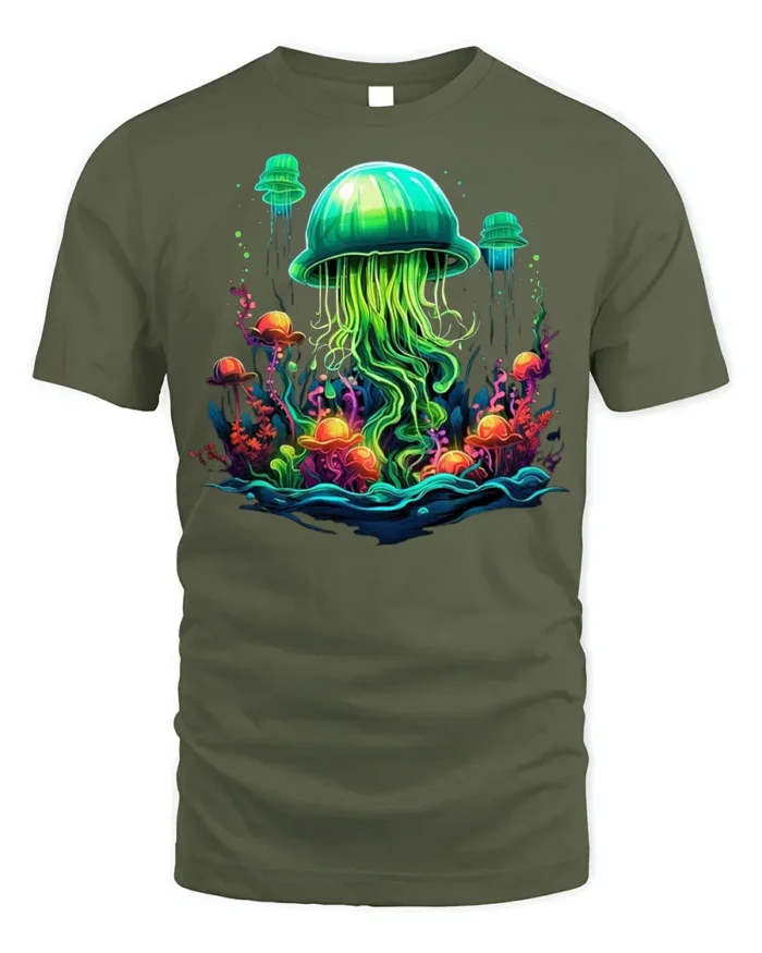 Glow in the Deep Jellyfish T-Shirt Vibrant Ocean - military green t-shirt on white background