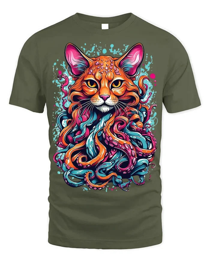 Psychedelic Cat Kraken T-Shirt Bold Octopus Tentacles - military green t-shirt on white background
