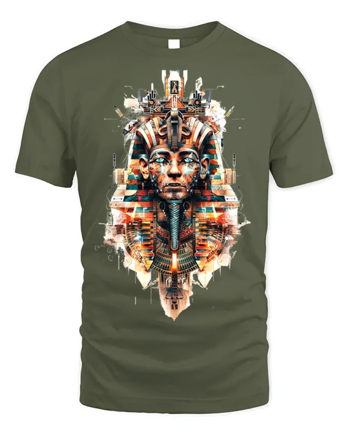 Futuristic Pharaoh T-Shirt Sci Fi Egyptian King Graphic - military green t-shirt on white background