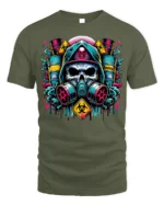 Toxic Skull Gas Mask T-Shirt Biohazard Warning Graphic - military green t-shirt on white background