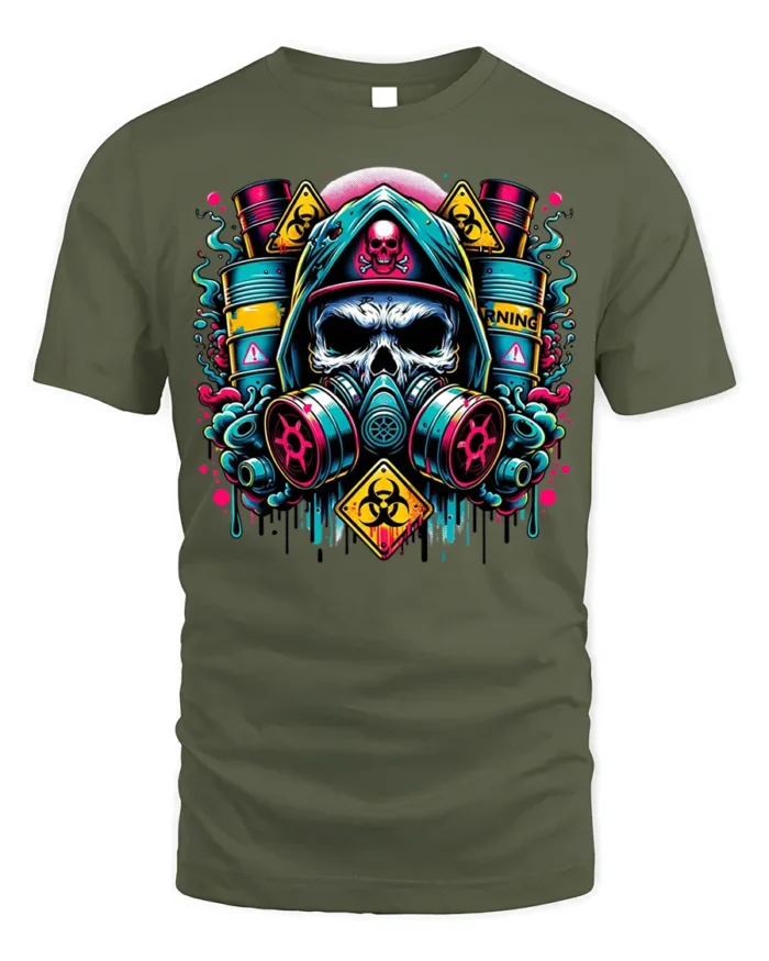 Toxic Skull Gas Mask T-Shirt Biohazard Warning Graphic - military green t-shirt on white background