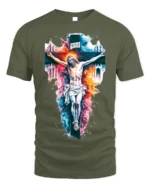 Jesus Crucifixion T-Shirt Christian Faith Graphic - military green t-shirt on white background