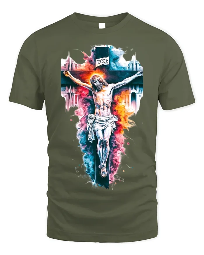 Jesus Crucifixion T-Shirt Christian Faith Graphic - military green t-shirt on white background