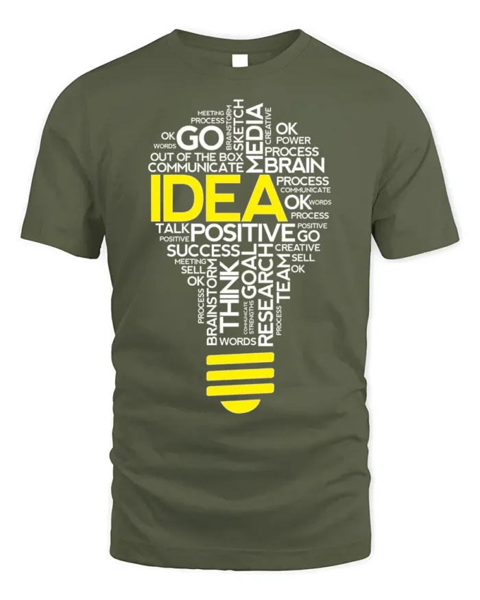 Creative Idea Lightbulb T-Shirt Motivational Graphic - military green t-shirt on white background