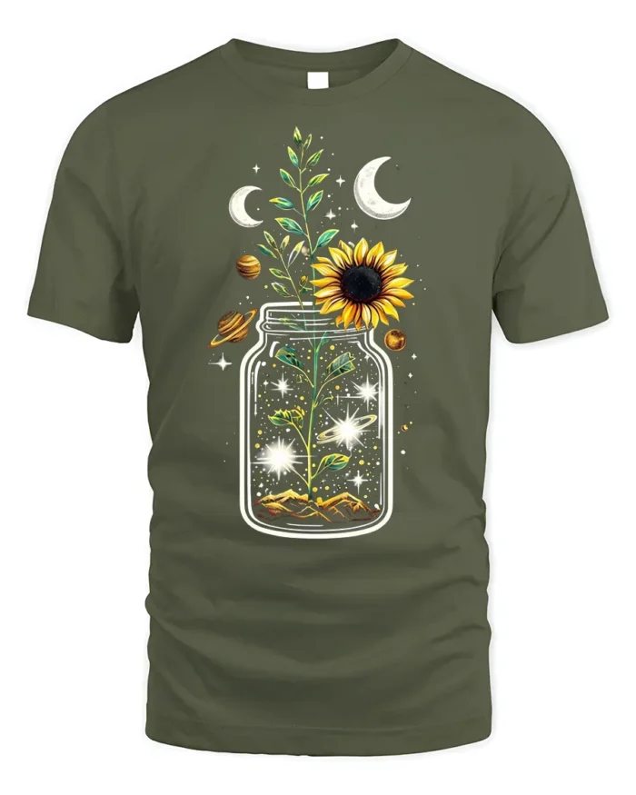 Cosmic Sunflower in Jar T-Shirt Nature Universe - military green t-shirt on white background