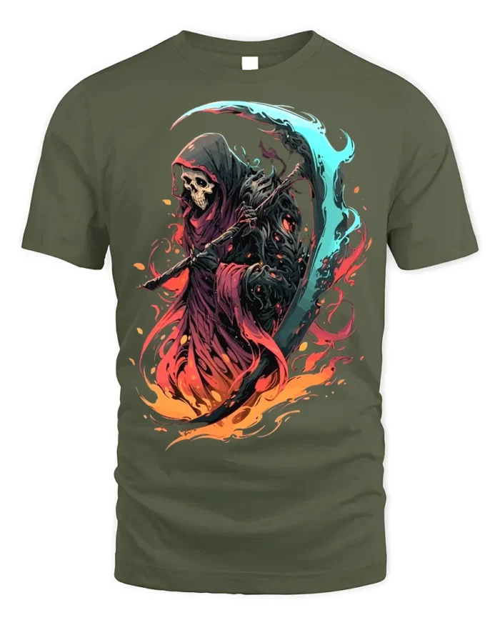 Fiery Grim Reaper T-Shirt Skull Scythe Flame Art - military green t-shirt on white background
