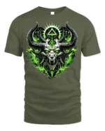 Green Demon Skull T-Shirt Horned Neon Gothic Art - military green t-shirt on white background