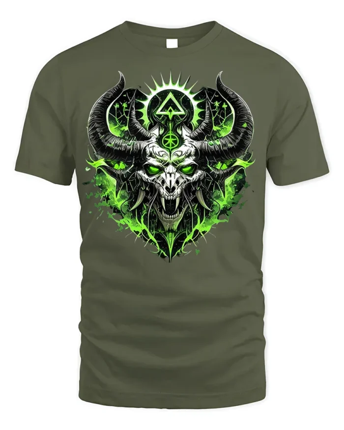 Green Demon Skull T-Shirt Horned Neon Gothic Art - military green t-shirt on white background