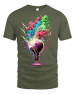 Exploding Lightbulb T-Shirt Neon Creative Burst - military green t-shirt on white background