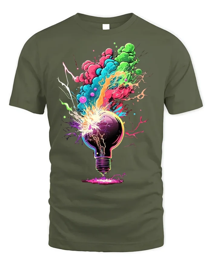 Exploding Lightbulb T-Shirt Neon Creative Burst - military green t-shirt on white background