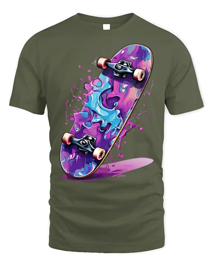 Skateboard Splash T-Shirt Colorful Street Style - military green t-shirt on white background