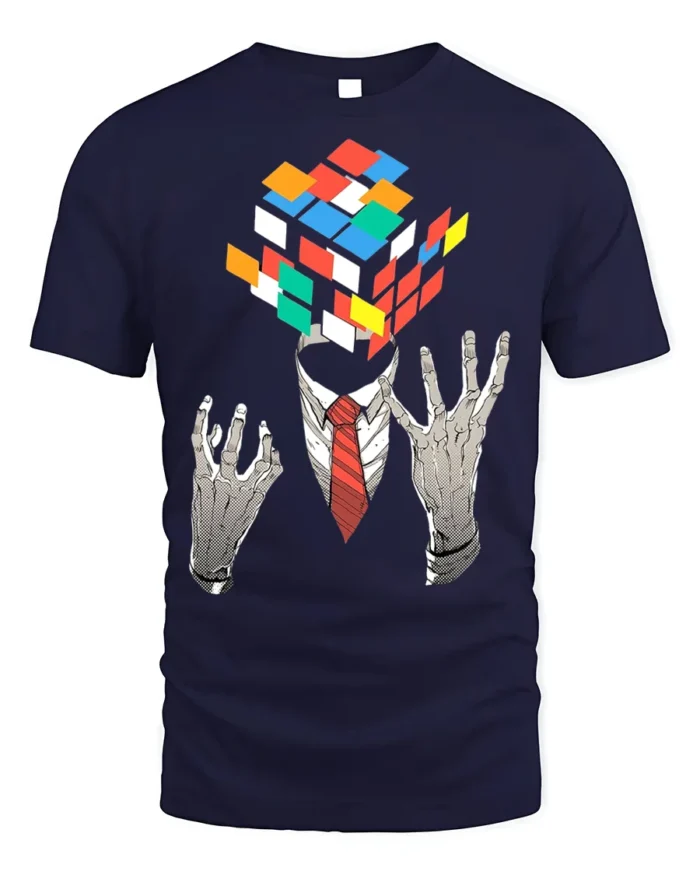 Mind Puzzle Rubik’s Cube Head T-Shirt Soft Cotton - navy t-shirt on white background